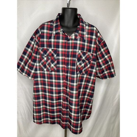 ROCAWEAR Classic Men's 5XB Short Sleeve Button Down Plaid Shirt Red Blue Green - Picture 1 of 7